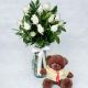 florero de 24 rosas blancas con oso de peluche 